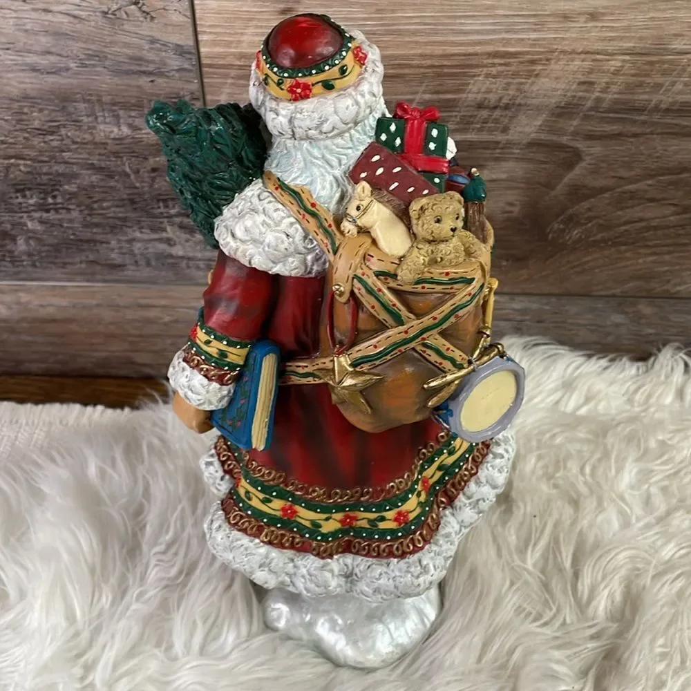Vintage Resin Santa Holding Tree, Teddy Bear & Basket of Apples,Toy Bag on Back
